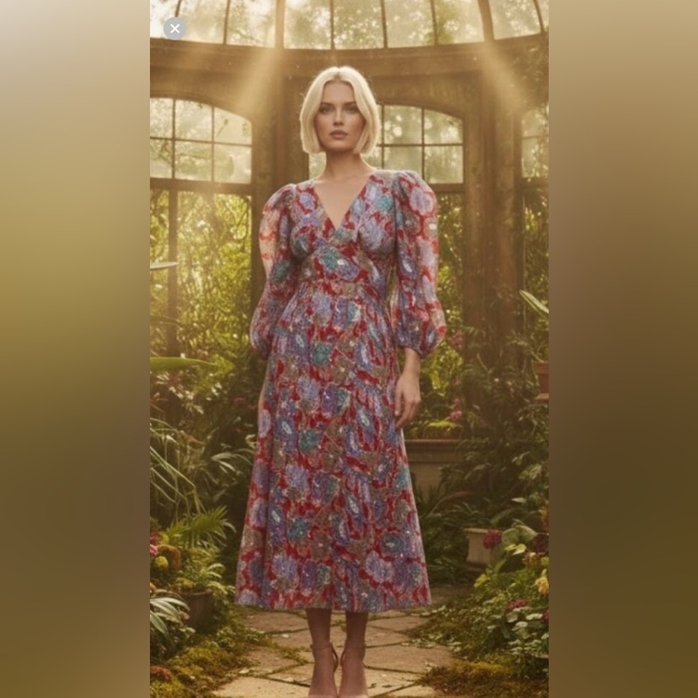 Caroline Constas Red and Blue Floral Long Sleeve Dress